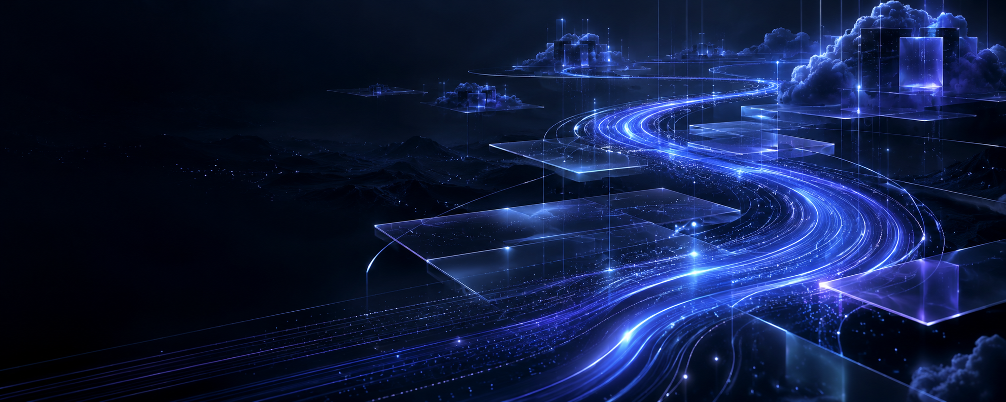 Abstract illuminated digital pathways connecting cloud platforms